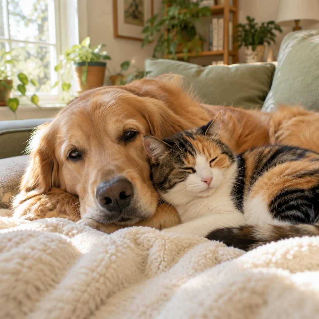 Perro y gato descansando juntos en un ambiente acogedor